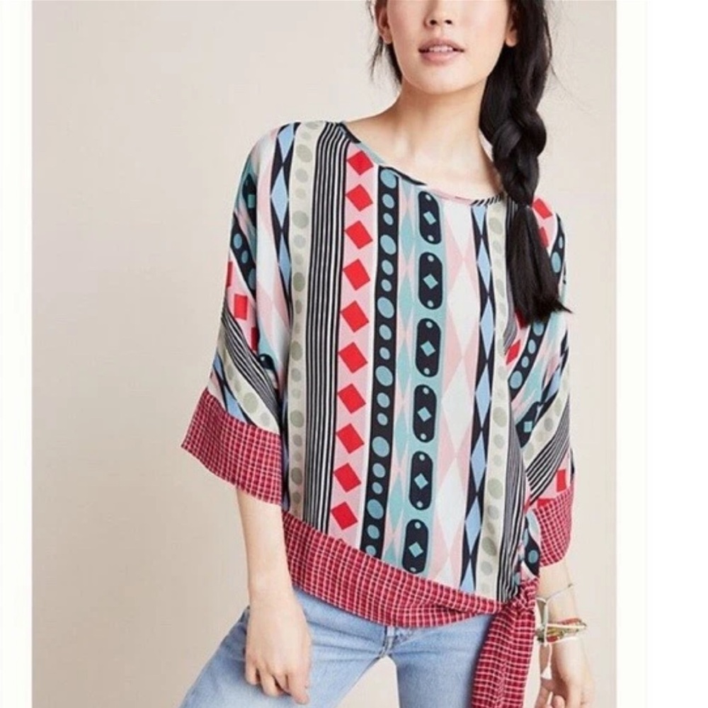 Anthropologie BI-nk Geometric Dolman Sleeve Blouse Tie at Hem Size M NWT $140